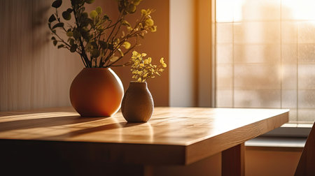 Wooden table with vase and flowers in sunlight. Interior design concept.の素材