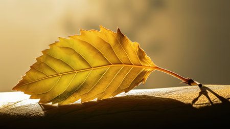 Close up of yellow autumn leaf on wooden table with sunlight and shadowの素材
