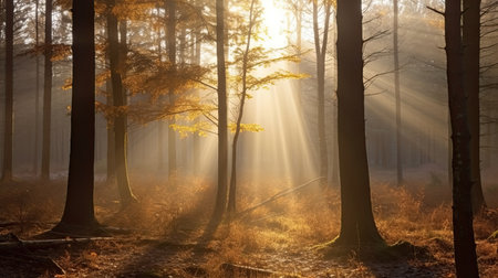 Autumn morning in the forest with sunbeams through the treesの素材