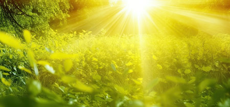 sunset in the forest - panoramic image with lens flareの素材