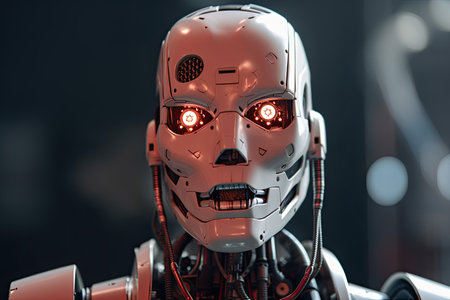 3d rendering humanoid robot with red light on head in dark roomの素材