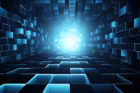 abstract blue technology background with glowing lines and glass cubes. 3d renderingの素材