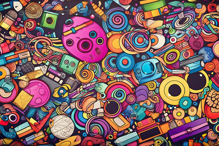 Cartoon cute doodles hand drawn Cinema frame. Colorful detailed, with lots of objects background. Funny vector illustration.の素材