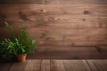 Wooden background with plant in vase and copyspace.の素材