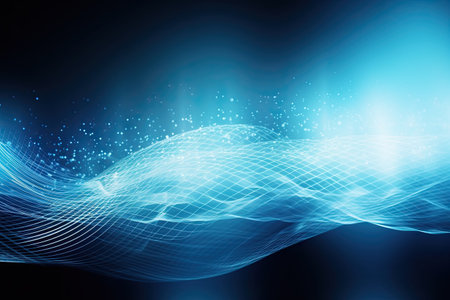 abstract technology background, glowing lines and dots on dark blue backdropの素材