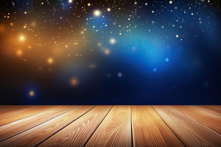 Christmas background with wooden floor and bokeh lights. Vector illustration.の素材