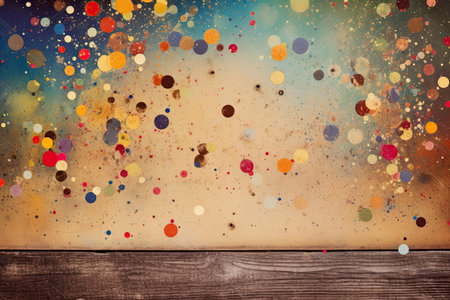 Grunge background with multicolored confetti and wooden planksの素材