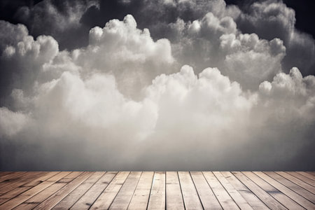 Wooden floor against cloudy sky background with copy space for your messageの素材