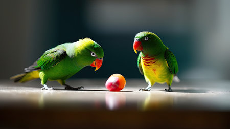Two parrots are sitting on a wooden table and eating an apple.の素材