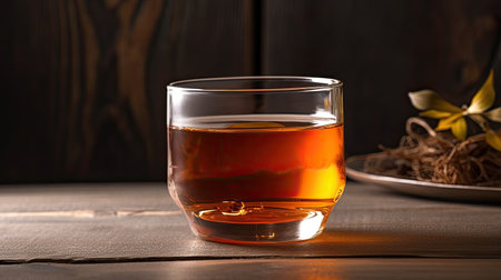 Glass of whiskey on a wooden background. Alcoholic drink. Selective focus.の素材