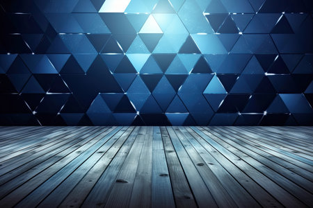 Digital composite of Blue polygonal background with wooden floor and lightsの素材
