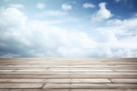 Wooden floor with blue sky and white clouds for background usage.の素材
