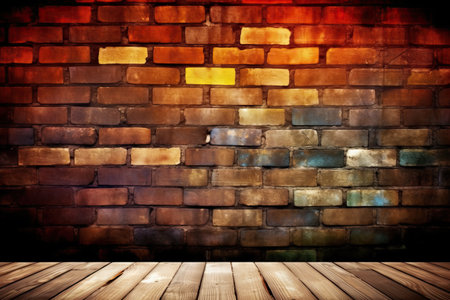 Background of brick wall texture with wooden floor. Vintage style tonedの素材