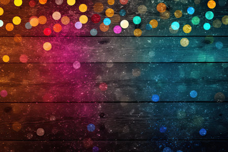 colorful bokeh lights on wooden background - abstract christmas backgroundの素材