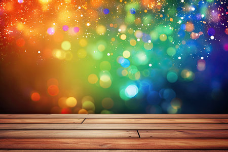 Wooden floor and colorful bokeh background with copy space.の素材