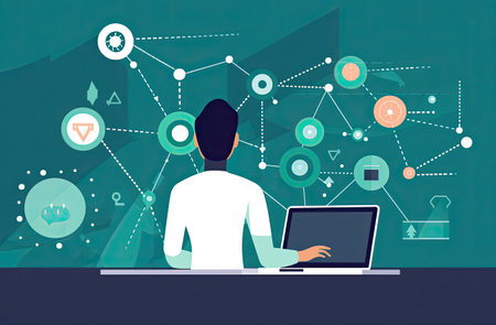 Illustration of a young man working on a laptop with social media iconsの素材