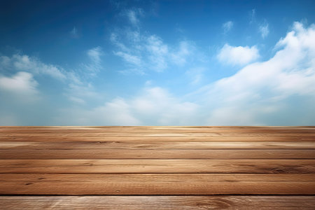Wooden floor with blue sky and white clouds, can be used as backgroundの素材