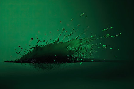 Green paint splashes on a dark green background. Abstract background.の素材