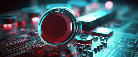Close-up of electronic circuit board. 3d rendering toned imageの素材