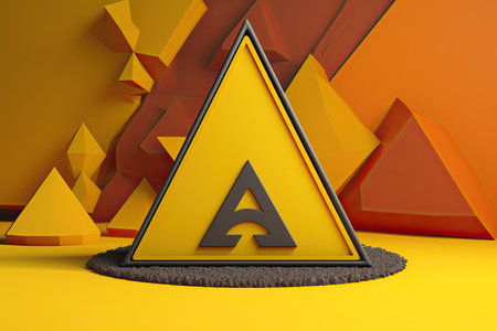 3d rendering of a yellow warning triangle in the middle of an orange backgroundの素材