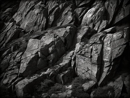 Black and white image of a rocky wall in the evening light.の素材