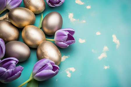Easter eggs and purple tulips on blue background. Toned.の素材