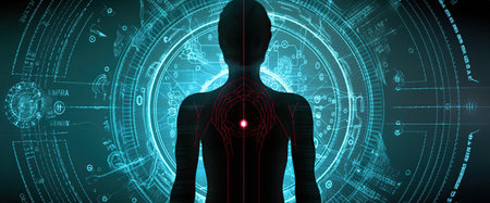 Digital illustration of human body in digital background. Technology and science conceptの素材