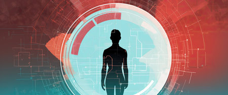 Digital composite of Silhouette of woman over red background with interfaceの素材