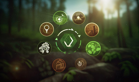 Digital composite of Low poly interface with various icons and trees in forestの素材