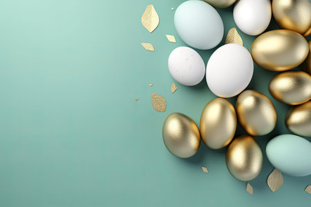 Easter background with golden, silver and white eggs. 3d renderの素材