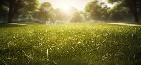 Green grass field with sunlight in the morning. 3D Renderingの素材
