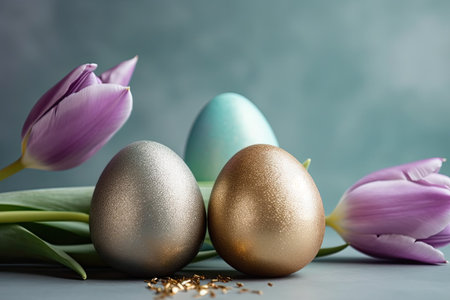 Easter eggs and tulips on a blue background. Copy space.の素材