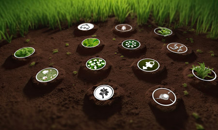 Green plant on soil with eco icons, environmental conservation concept. 3D renderingの素材