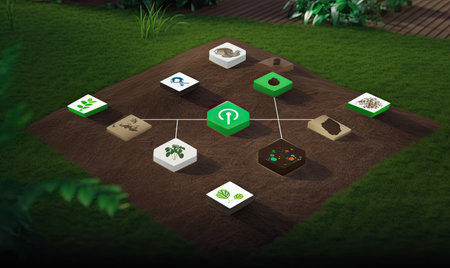 3d rendering of a green environment with various icons on the groundの素材