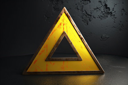 Warning triangle on black background. 3D illustration. Copy space.の素材