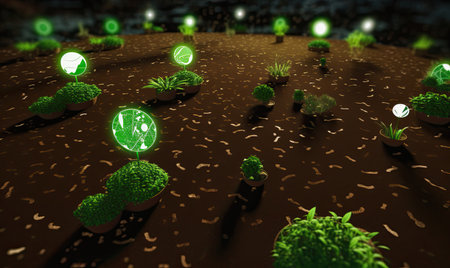 Ecology concept with green plants growing in soil. 3D renderingの素材