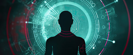 Silhouette of a man in front of a digital background. 3d renderingの素材