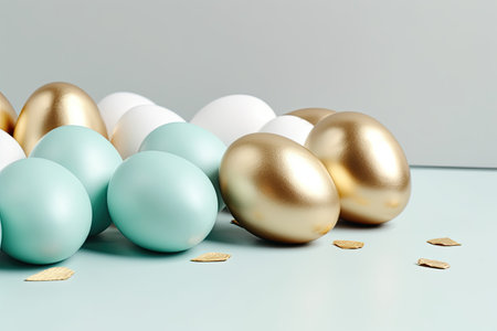 Golden and blue Easter eggs on a blue background. 3d renderingの素材