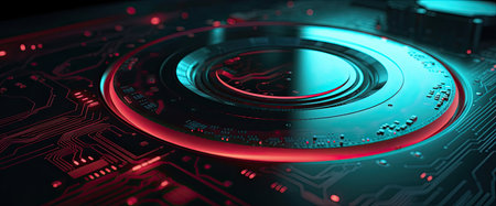Circuit board background with red neon light. 3D rendering.の素材