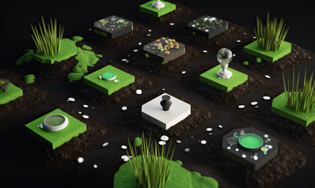 3d render of a game platform with green grass and different elements.の素材