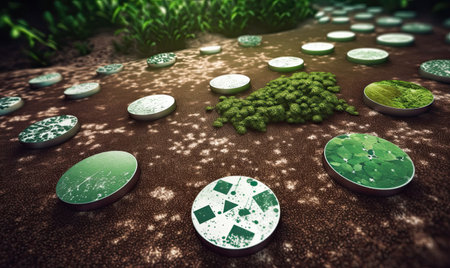 3d rendering of green and white bacteria on the ground in the forestの素材