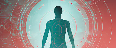 Digital illustration of a human body against red background with vignetteの素材