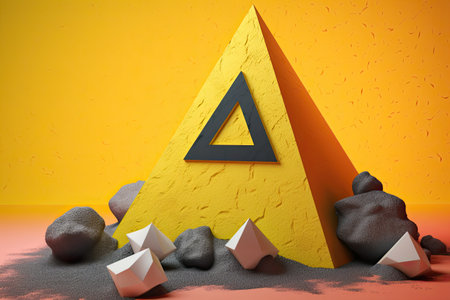 Abstract yellow background with pyramid and stones. 3D render illustration.の素材