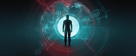 Businessman in front of a digital technology background. 3D renderingの素材