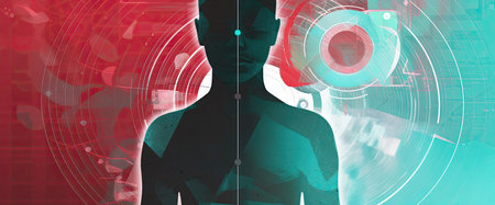 Digital composite of Silhouette of man against red background with binary codeの素材