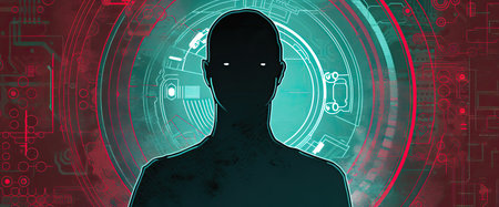 Silhouette of a man in front of a futuristic HUD interfaceの素材