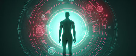Futuristic interface with human figure 3D rendering on dark backgroundの素材