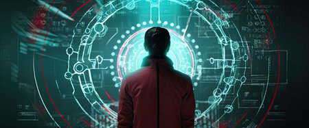 Rear view of a businessman in a red jacket against futuristic backgroundの素材