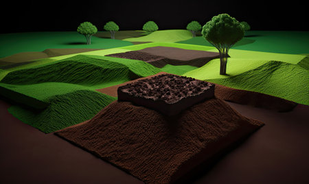 3d rendering of a green field with trees in the background.の素材