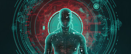 3D rendering of a cyborg man with futuristic HUD interface.の素材